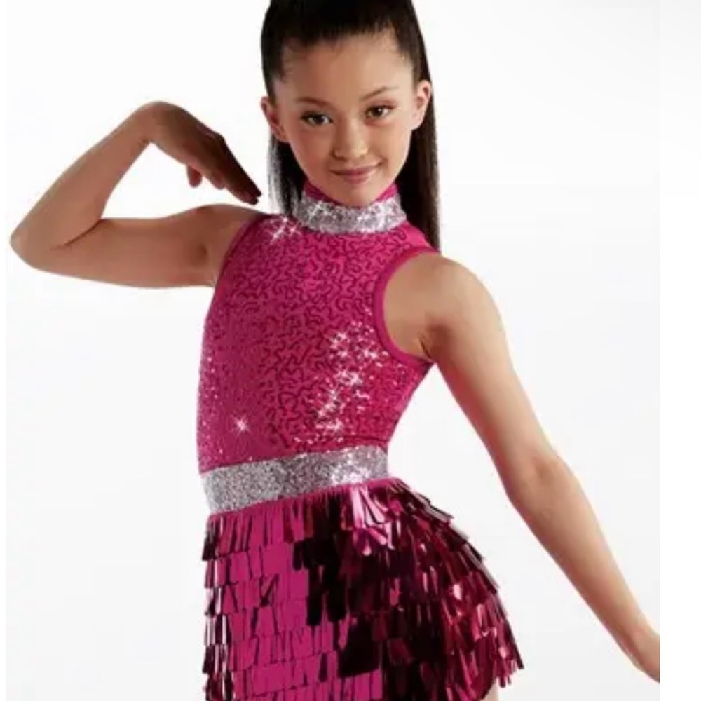 Pink and Silver Dance Costume with Fringe and Sequins